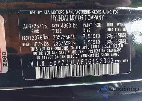 2013 Hyundai Santa Fe Sport 2.0T z USA, uszkodzony, nr VIN 5XYZU3LA6DG122332